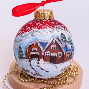 Hand painted Xmas Tree Bauble, Snow Scene Village House Ornament, Red Custom Personalized Ornaments with Name, Ukraine Gift Free Gift Box