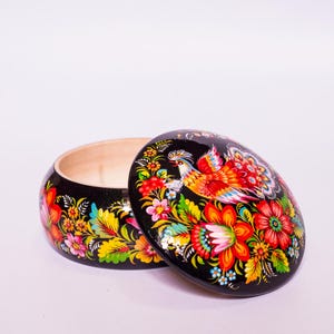Petrykivka Peacock Trinket Box |  Hand Painted Bird Box Decor, Ukrainian Art Gifts, Black and Orange Round Wooden Box