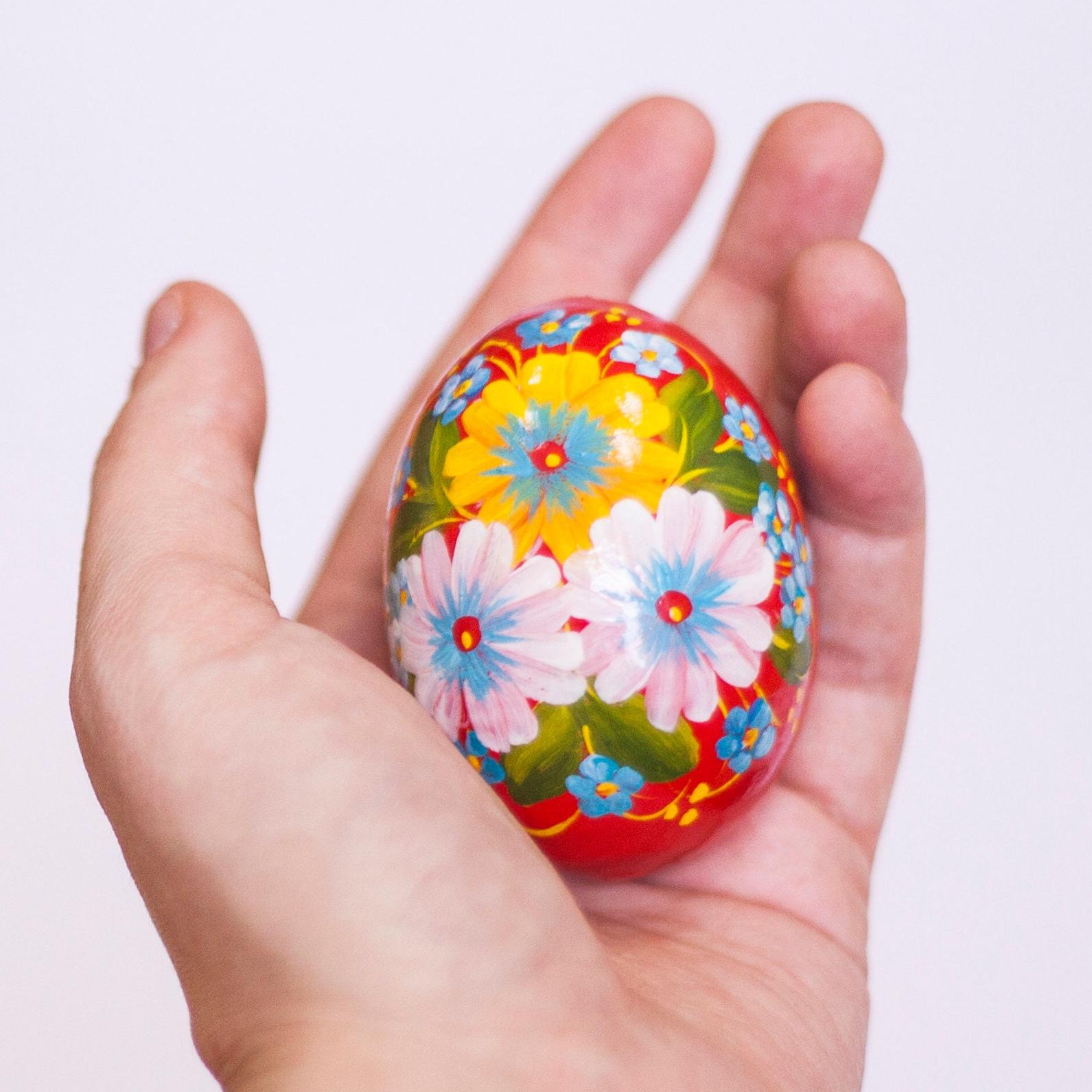 Pysanka Easter Egg, Red Hand Painted Wooden Egg With Yellow Chicken ...