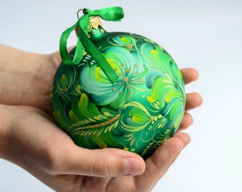 Custom Christmas ornaments, Floral glass Xmas tree decor, Hand painted bauble, Christmas gift with gift box, Green ornament