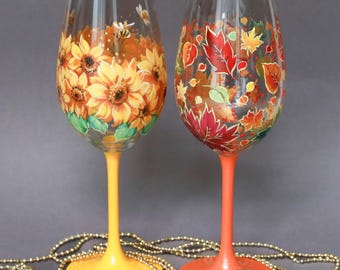 Copa de vino pintada a mano, copas de otoño personalizadas, decoración de verano y otoño, cristalería pintada con arte popular, regalo para amantes del vino.
