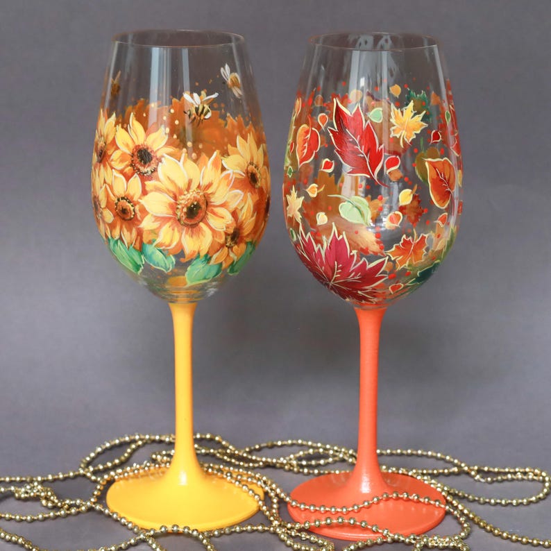 Hand-Painted Wine Glass, Custom Fall Season Glasses, Summer Autumn Decor, Folk Art Painted Glassware, Wine Lovers Gift image 1