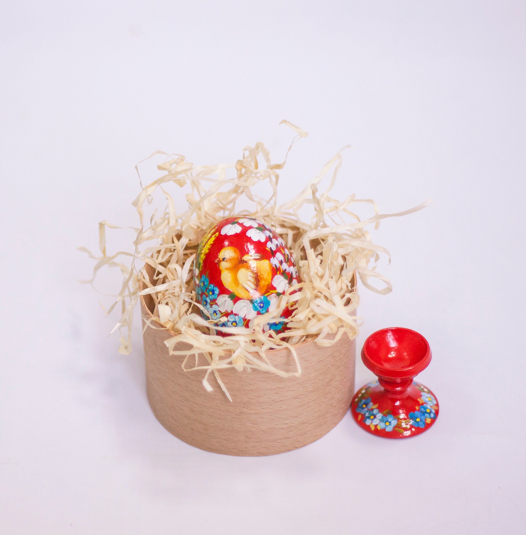 Pysanka Easter Egg, Red Hand Painted Wooden Egg With Yellow Chicken ...