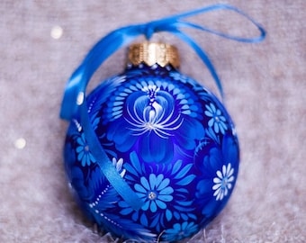 Personalized Blue Xmas Ornament Custom Ukrainian Hand Painted Christmas Tree Bauble, Large Glass Ornament Free Gift Box, Girl Christmas Gift