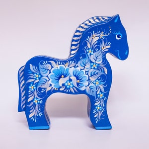 Hand Painted Swedish Dala Horse - Christmas Home Decorations - Scandinavian Wooden Horse Figurine - Blue large wooden folk art ornament