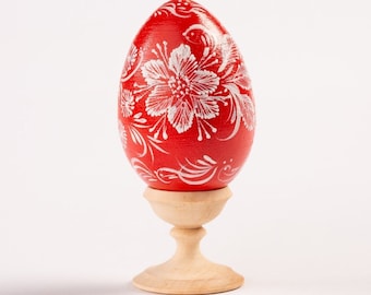 Red and White Pysanky Eggs, Floral Hand Painted Wooden Egg, Ukrainian Pysanka Egg, Easter Basket Gifts, Easter Table Decoration, Pysanka