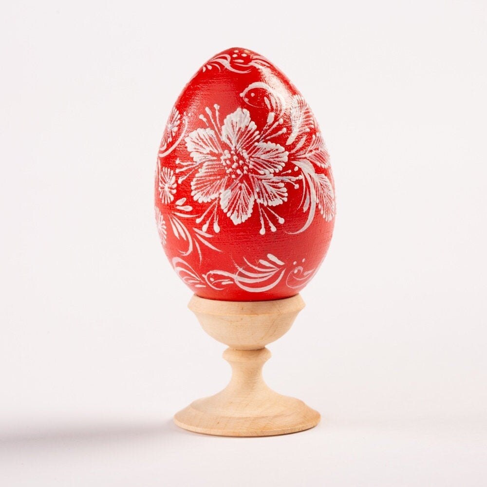 Red and White Pysanky Eggs, Floral Hand Painted Wooden Egg, Ukrainian ...