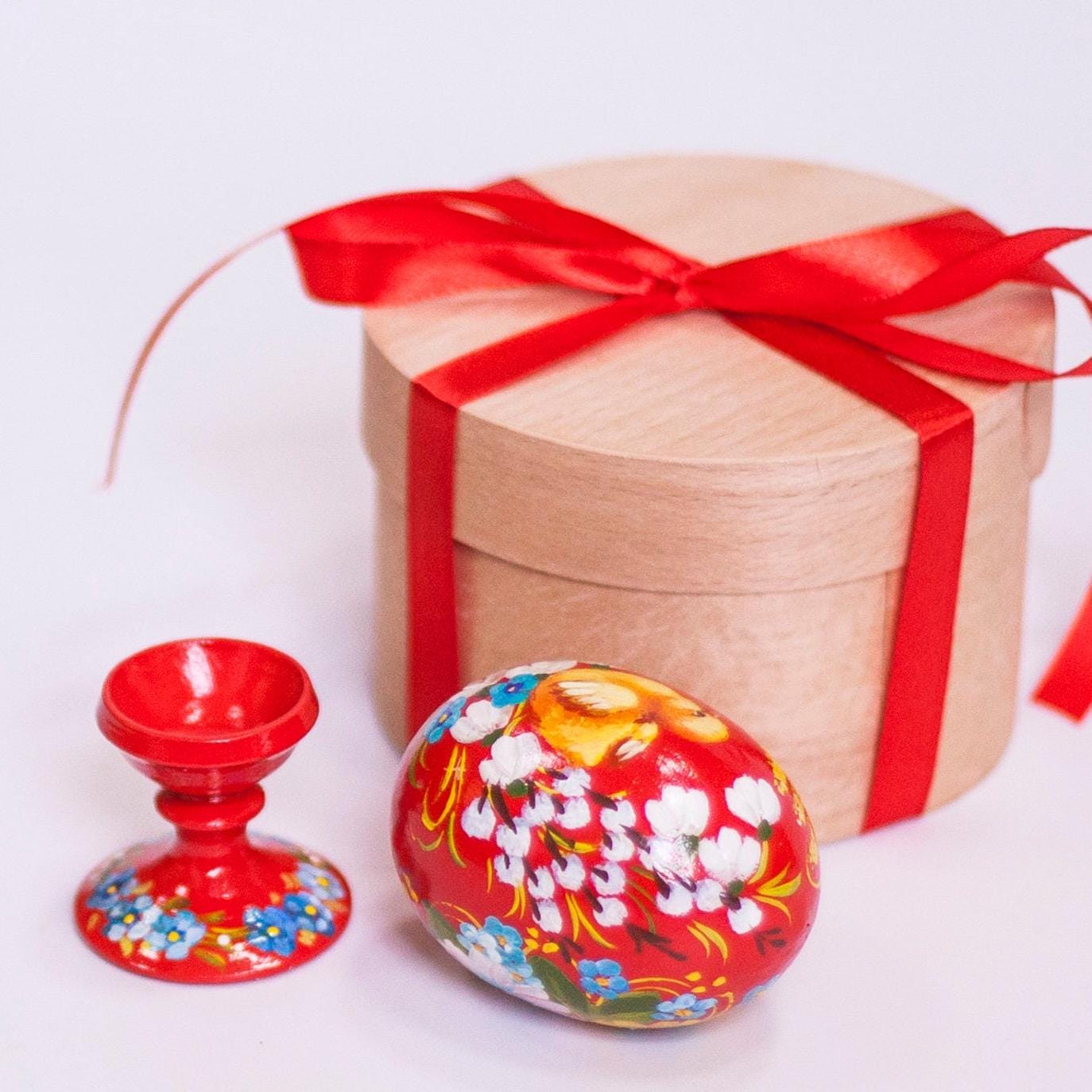 Pysanka Easter Egg, Red Hand Painted Wooden Egg With Yellow Chicken ...
