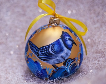 Blue Jay Ornament | Personalized Christmas Tree Bauble, Hand Painted Glass Bird Gift, Bluejay Christmas Decorations, Free Gift Box