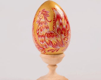 Golden Red Rooster Pysanka | Farmhouse Decor, Ukrainian Pysanky Egg, Gift for Easter,  Petykivka, Easter Basket Stuffers, Spring Decoration