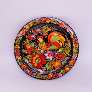 Rooster Plates | Farmhouse Rooster Wall Decor, Hand Painted Wooden Plate Wall Hanging, Ukrainian Folk Art, Christmas Gift for Mom