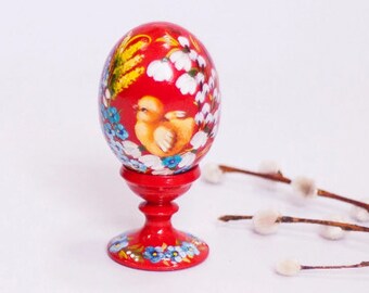 Pysanka Easter Egg, Red Hand Painted Wooden Egg with Yellow Chicken, Easter Basket Gifts, Red and Yellow Pysanky Eggs, Custom Spring Decor