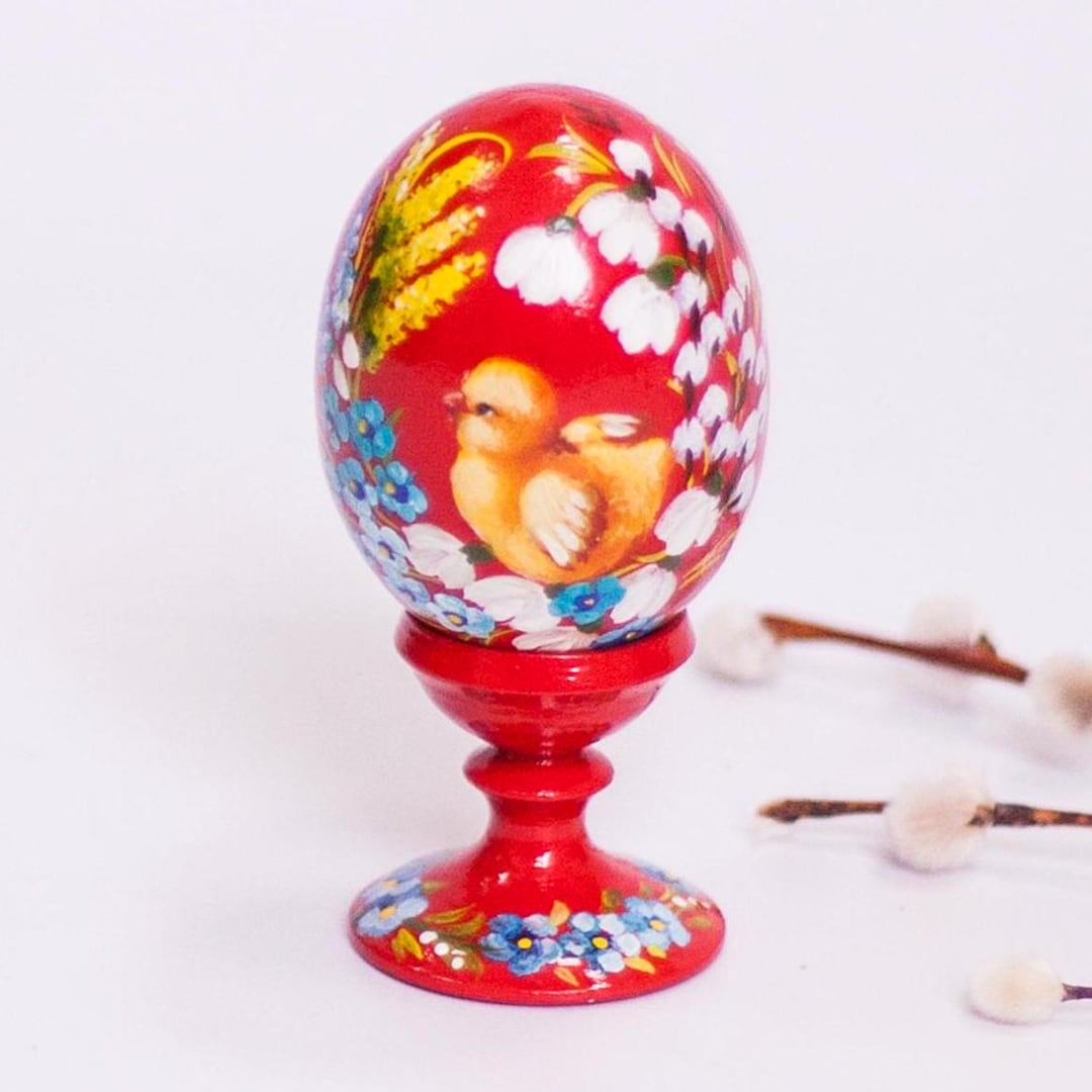 Pysanka Easter Egg, Red Hand Painted Wooden Egg With Yellow Chicken ...