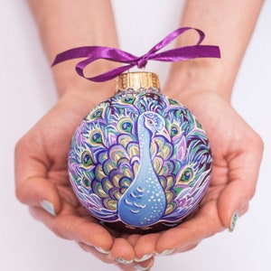 Peacock feathers ornament Blue peacock spread tail Custom handpainted gift Personalized Glass Bird Christmas Bauble Xmas decor Free gift box