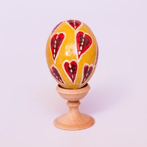 Yellow and Red Hearts Wooden Easter Egg - Ukrainian Easter Decor, Hand Painted Pysanky Eggs, Easter Table Decorations, Grandchildren&#39;s Gift