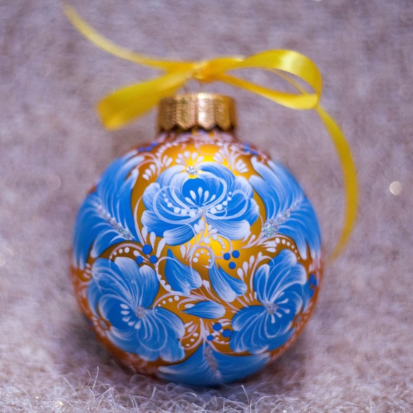 PETRYKIVKA Gold Blue Christmas Ornament Hand Painted Large Glass Holiday Keepsake with Free Gift Box, Ukraine Folk Art Xmas Gifts Decoration