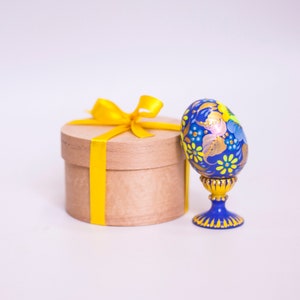 Yellow and Blue Pysanka Easter Egg, Hand Painted Wooden Egg With Flower ...