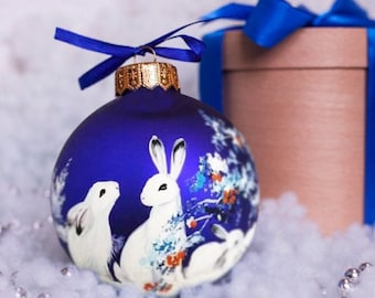 Bunny Ornament Hand Painted, White Rabbits Custom Bauble, Winter Snow Scene, Baby Bunny with Family Christmas Gift, Baby Boy Gift, Girl Gift