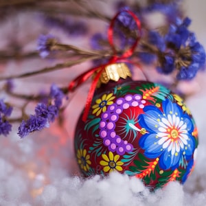 Petrykivka Hand Painted Bauble Ukraine Christmas Ornaments, Glass Red Ornament with Flowers Name Gift For Granny, Personalized Gift