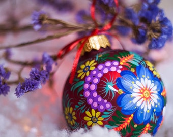 Petrykivka Hand Painted Bauble Ukraine Christmas Ornaments, Glass Red Ornament with Flowers Name Gift For Granny, Personalized Gift