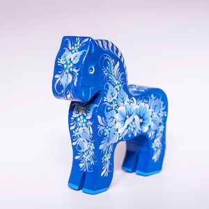Blue Dala Horse Handpainted Wooden Figurine – Ukrainian Folk Art, Swedish Carved Horse, Boho Scandinavian Decor, Miniature Shelf Decor