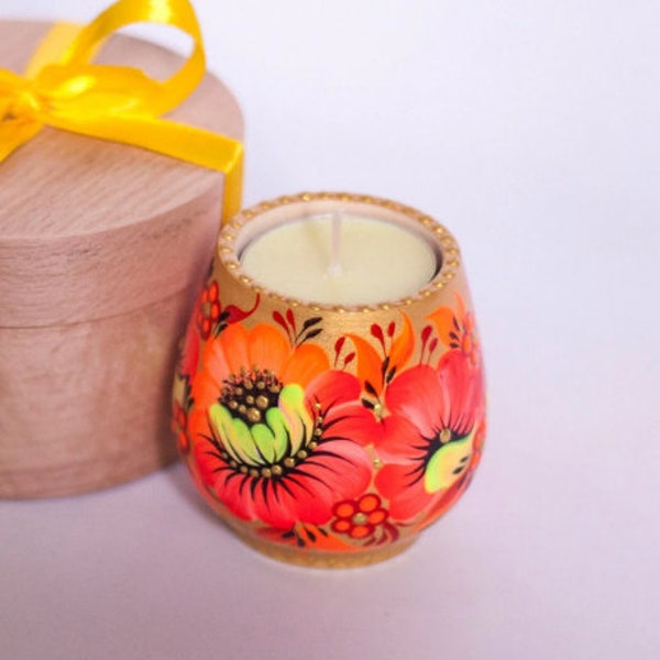 Petrykivka Floral Wooden Candle, Candlestick Holder, Ukrainian Hand Painted Tea Light Candles, Tealight Candle Holder, Housewarm Decor Gift