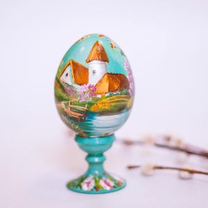 Green Village Pysanky Eggs Hand Painted Easter Egg Countryside Village Folk Art Easter Basket Stuffers Adult Gifts for Child Wooden Egg