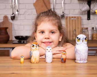 Muñeca rusa de búho, 5 piezas, decoración pintada a mano para habitación infantil, juguete apilable Matryoshka ucraniano.