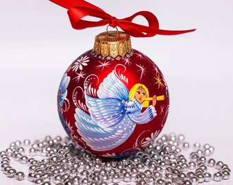 White Angel Christmas Tree Ornament | Ukraine Hand Painted Glass Large Personalized Red Ornaments with Name, Parents Xmas Gift Free Gift Box