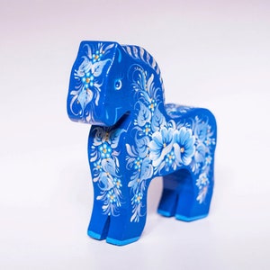 Hand Painted Swedish Dala Horse - Christmas Home Decorations - Scandinavian Wooden Horse Figurine - Blue large wooden folk art ornament