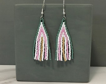 Fringe Earrings, Green Pink Earrings, Bead Woven Earrings, Hand Beaded Earrings, Earrings for Woman, Seed Bead Earrings, Gift for Woman