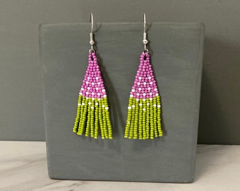 Ombre Earrings, Bead Fringe Earrings, Beaded Statement Earrings, Earrings for Women, Pink Green Earrings, Beaded Jewelry, Gift for Women