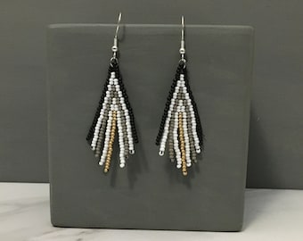 Fringe Bead Earrings, Seed Bead Earrings, Black Gray Earrings, Bead Woven Earrings, Earrings for Women, Statement Earrings, Gift for Women