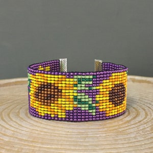Handmade Sunflower Bead Woven Bracelet: Purple, Yellow, and Green