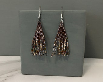 Ombre Earrings, Bead Fringe Earrings, Beaded Statement Earrings, Earrings for Women, Brown Copper Earrings, Beaded Jewelry, Gift for Women