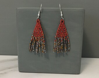 Ombre Earrings, Bead Fringe Earrings, Beaded Statement Earrings, Earrings for Women, Red Copper Earrings, Beaded Jewelry, Gift for Women