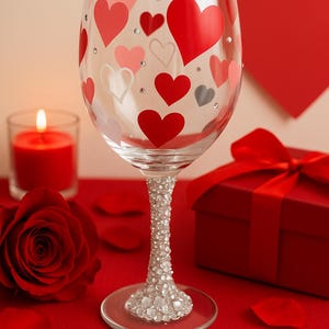 Valentine’s Day Bling Wine Glass – Hand-Painted Heart Design with Rhinestone Stem – Romantic Gift for Her or Wine Lover