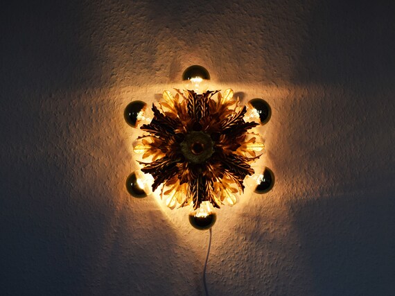 Flower Palm Leaf Flush Mount Ceiling Lamp Lighting Gold Plated 6 Lights Hollywood Regency Italy Florentiner Midcentury Vintage Plafoniere