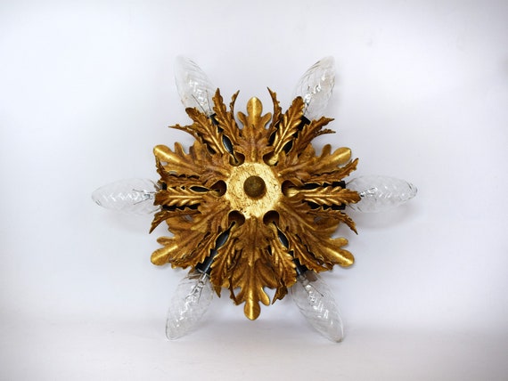 Flower Palm Leaf Flush Mount Ceiling Lamp Lighting Gold Plated 6 Lights Hollywood Regency Italy Florentiner Midcentury Vintage Plafoniere