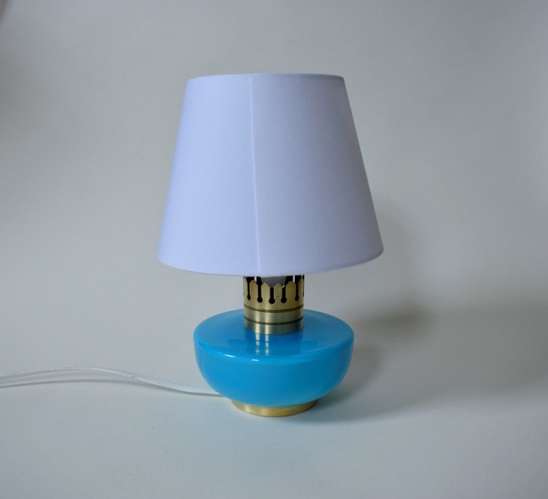 Little Elegant Italian Desk Table Lamp From The 60s With Brass And Light Blue Glass 1960 For Interior Design Living