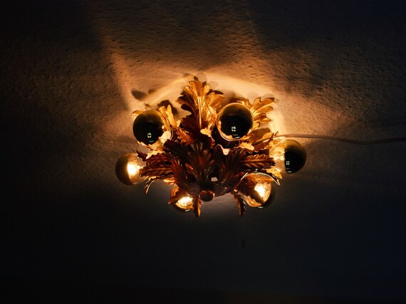 Flower Palm Leaf Flush Mount Ceiling Lamp Lighting Gold Plated 6 Lights Hollywood Regency Italy Florentiner Midcentury Vintage Plafoniere