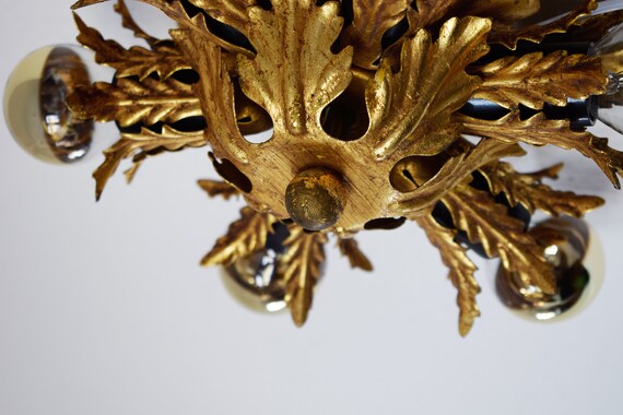 Flower Palm Leaf Flush Mount Ceiling Lamp Lighting Gold Plated 6 Lights Hollywood Regency Italy Florentiner Midcentury Vintage Plafoniere