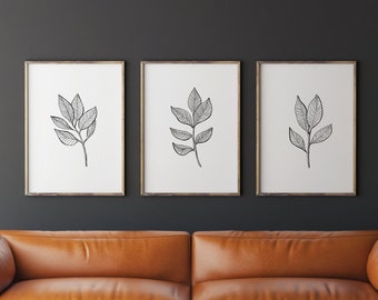 Set of 3 Prints, Botanical Print, Printable Wall Art, gallery wall art, Line Drawing, Botanical Line Art, Minimalist Poster, Bathroom Decor