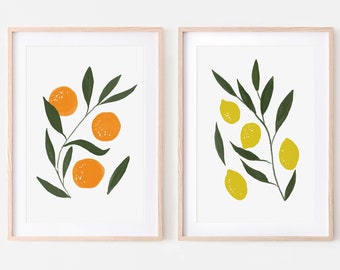 Kitchen Decor, Set of Two Citrus Botanical Prints, Lemon Print, Orange Print, Printable Wall Art, Kitchen Wall Art, Mid Century Style Decor