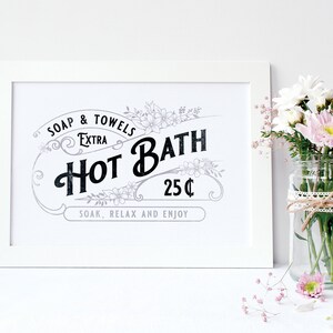 Vintage Bathroom Print, Printable Art, Bathroom Wall Decor, Bathroom Wall Art, Hot Bath Print, Vintage Typography Print, Bathroom Sign