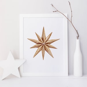 Bronze Gold Star Christmas Print, Neutral Christmas Print, Christmas Printable Wall Art, Vintage Star Decoration Watercolour Painting image 1