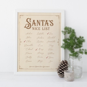 May include: A printable Christmas list with the title "Santa's Nice List" in brown text. The list includes a column of names and a column of check marks next to the names. The names are written in cursive and the check marks are in red. The list is on a beige background with a brown border.