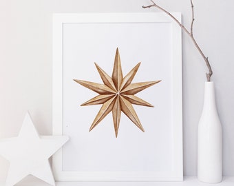 Bronze Gold Star Christmas Print, Neutral Christmas Print, Christmas Printable Wall Art, Vintage Star Decoration Watercolour Painting