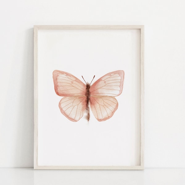 Impression de papillon de pépinière, art imprimable de papillon, papillon pastel rose blush, peinture de papillon d'aquarelle, chambre de filles imprimable, insecte