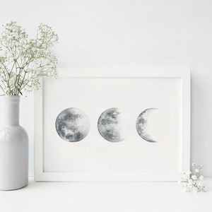 Neutral Moon Print, Celestial Wall Art, Printable Grey Moon Art, Moon Phase Wall Art, Space Print, Boho Art Print, Watercolour Painting